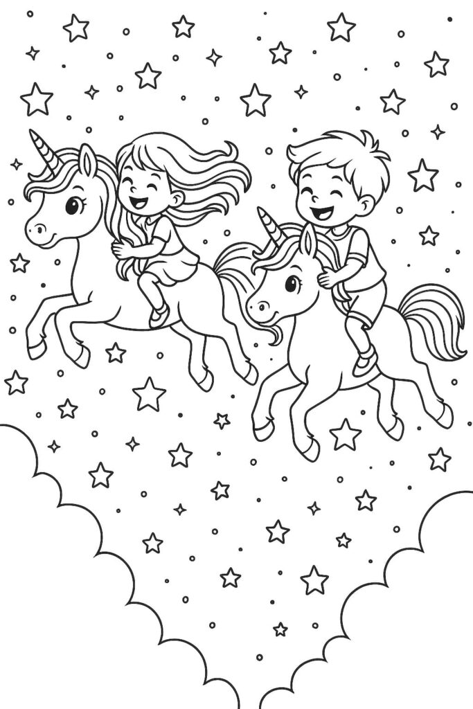 Ausmalbild Einhörner mit Kindern