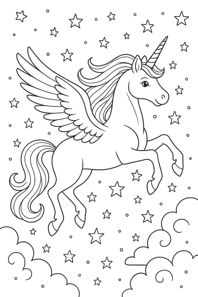 Ausmalbild Einhorn im Sternenhimmel