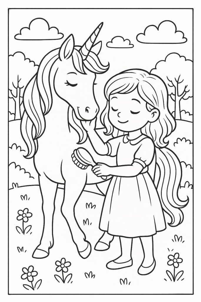 Ausmalbild Einhorn mit Mädchen