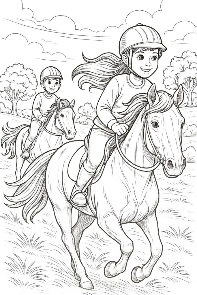 Ausmalbild von zwei Kindern, die auf ihren Pferden reiten