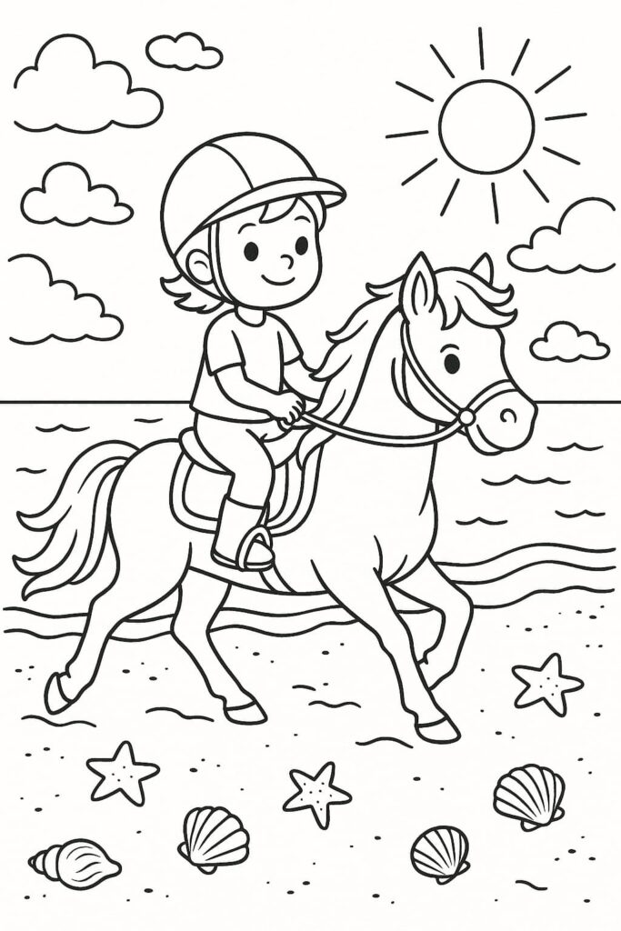 Ausmalbild eines Kindes, welches auf einem Pferd reitet