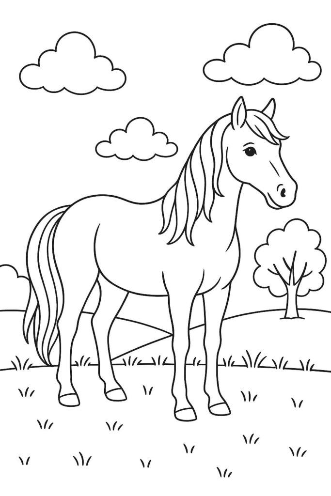 Ausmalbild Pferd auf Wiese