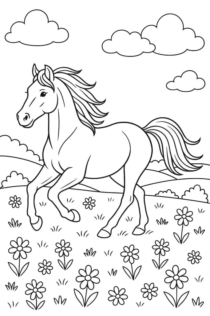 Ein Pferd galoppiert über eine Wiese