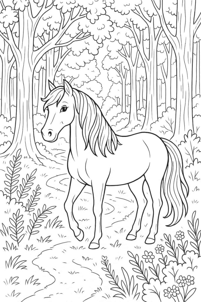 Ausmalbild eines Pferdes in einem Wald