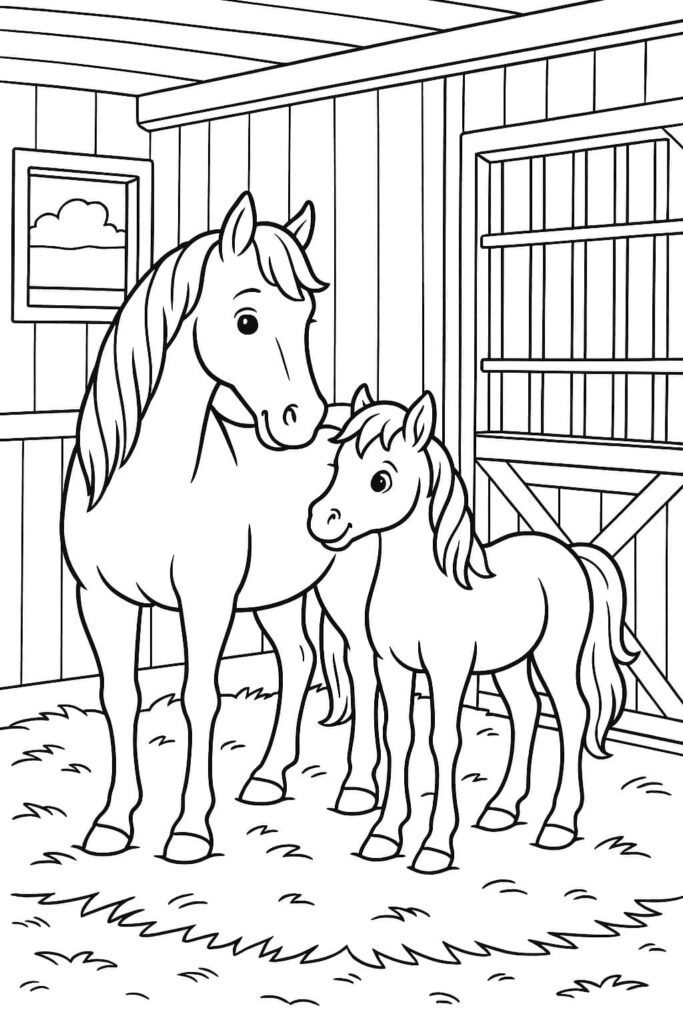 Ausmalbild Pferd mit Pony im Stall