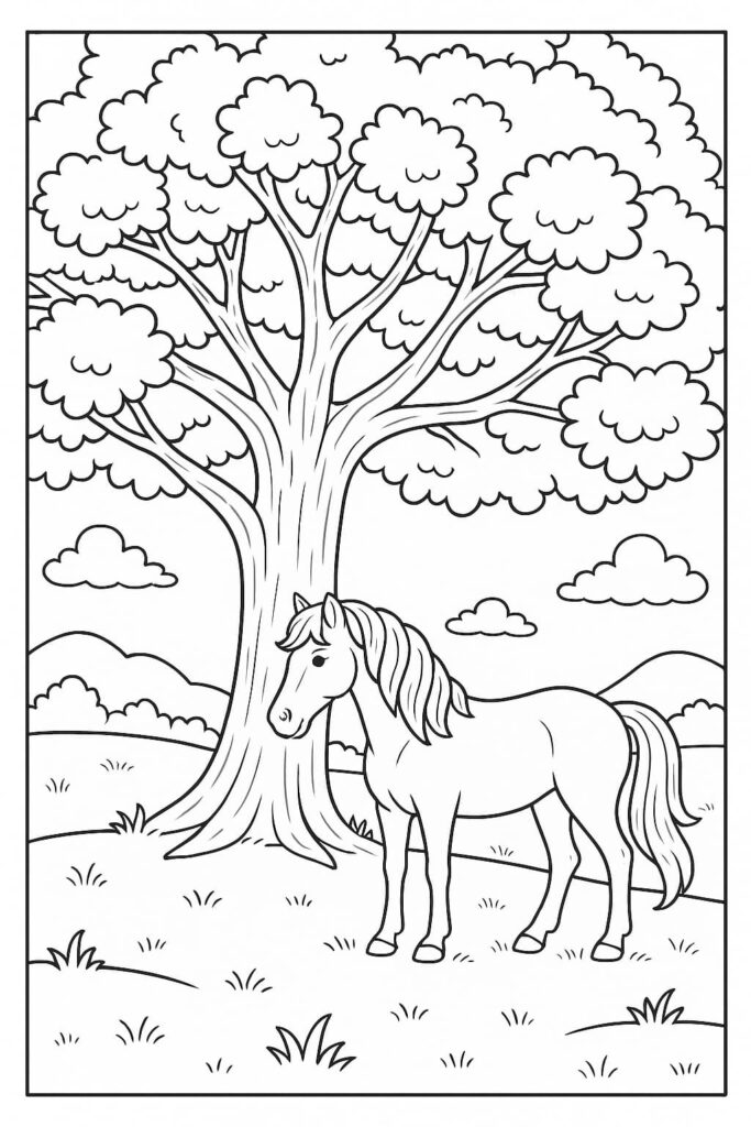 Ausmalbild Pferd unter Baum