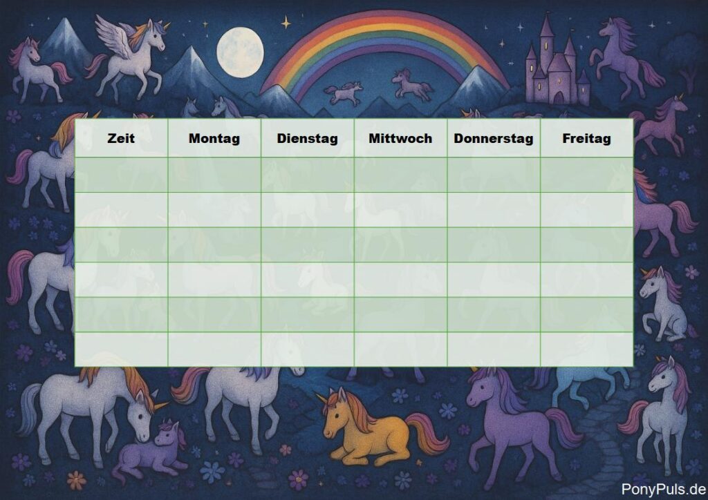 Stundenplan mit Einhörnern und Regenbogen – Pferde-Stundenplan PDF kostenlos zum Ausdrucken.