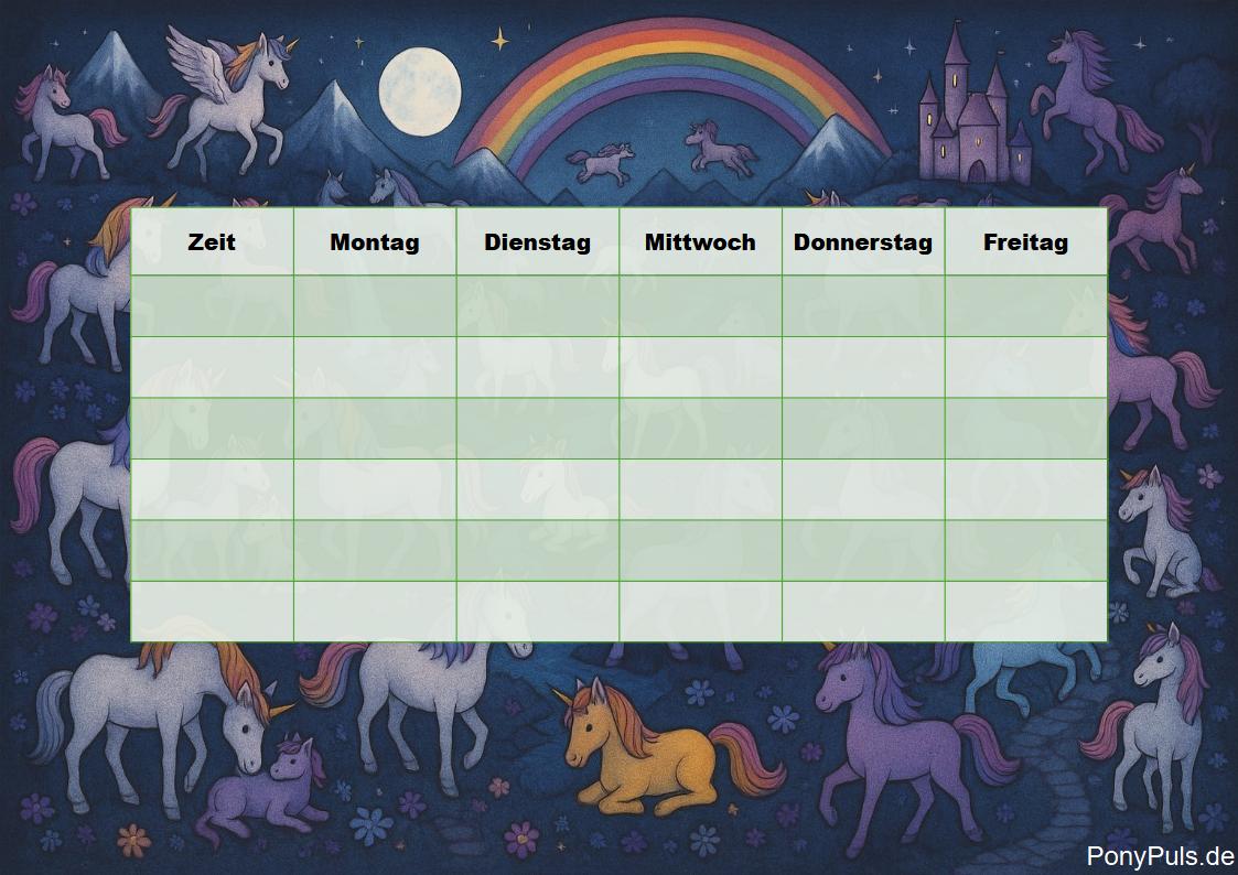 Stundenplan mit Einhörnern und Regenbogen – Pferde-Stundenplan PDF kostenlos zum Ausdrucken.
