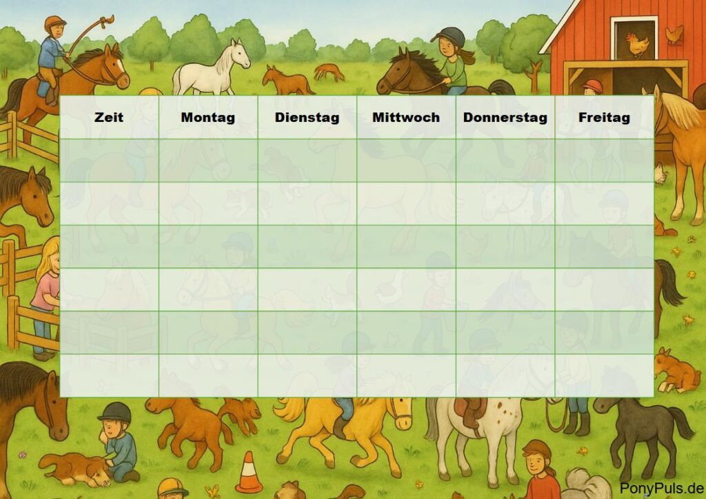 Stundenplan mit Pferdemotiven auf dem Bauernhof – Pferde-Stundenplan kostenlos zum Download als PDF für die Schule.