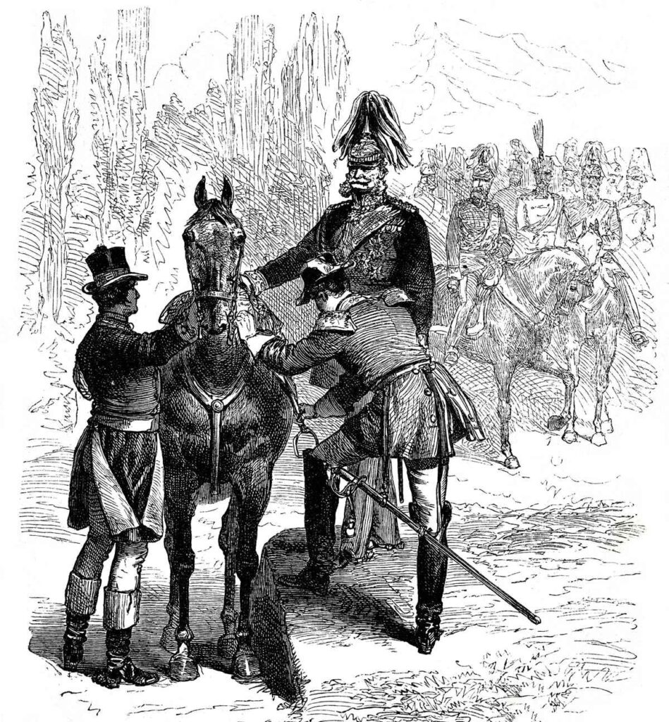 Historische Illustration zu Reiterhilfen und Pferden