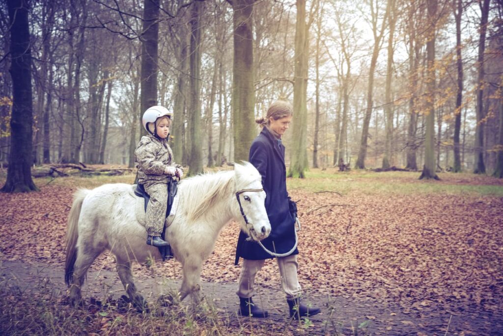 Kind reitet auf weißem Pony durch herbstlichen Wald, begleitet von Erwachsener