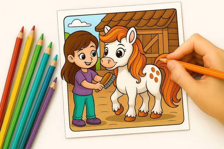 Mädchen bürstet ein Pony – Ausmalbild für Kinder