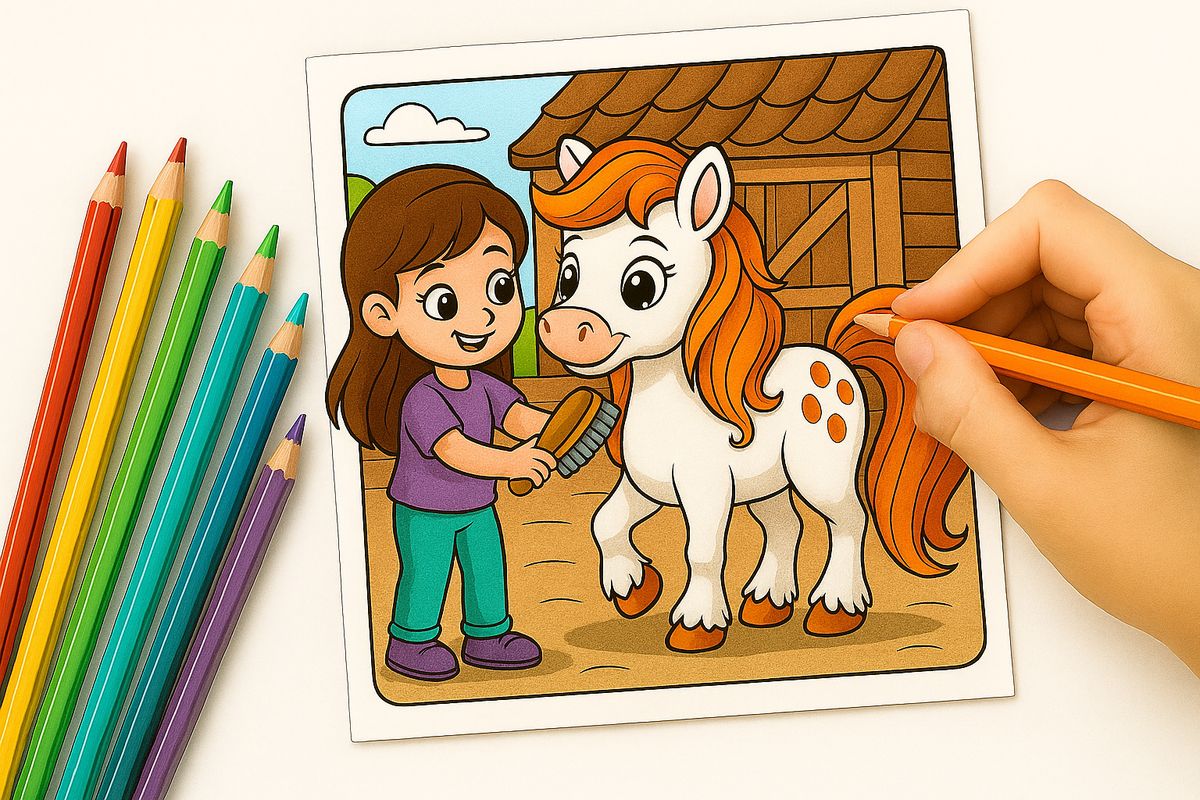 Mädchen bürstet ein Pony – Ausmalbild für Kinder