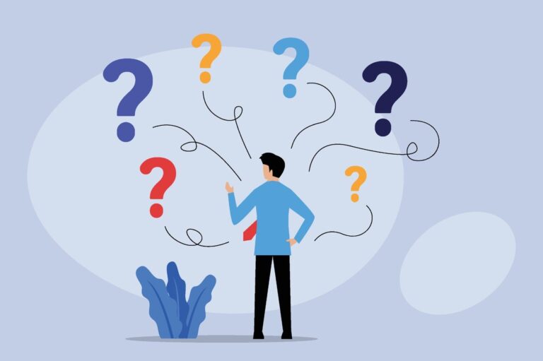 Illustration eines Mannes mit vielen bunten Fragezeichen hinsichtlich der richtigen Reitersprache, Symbol für Anfängerfragen im Reitsport und über Pferde.