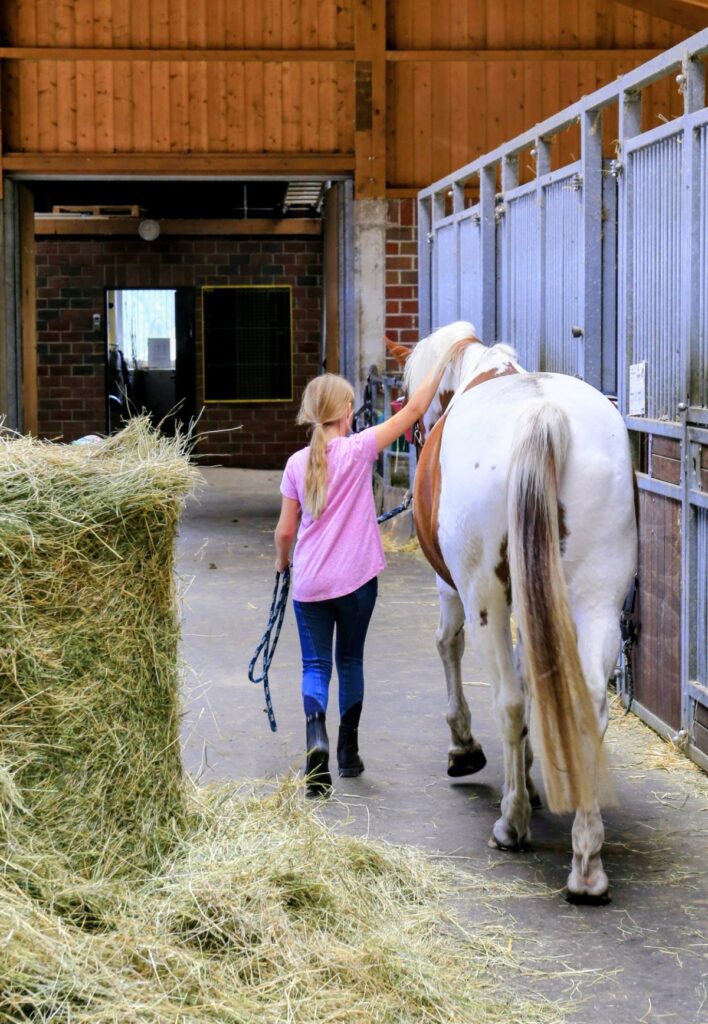 Kind mit Reitbeteiligung führt Pferd durch den Stall