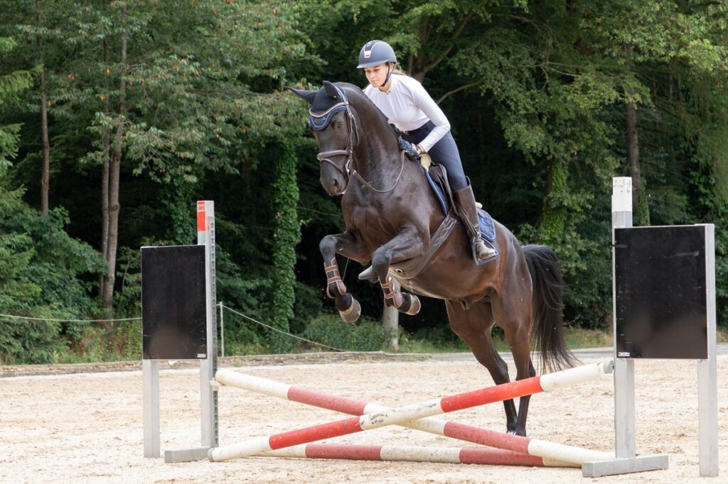 Kind mit Reitbeteiligung beim Springreiten