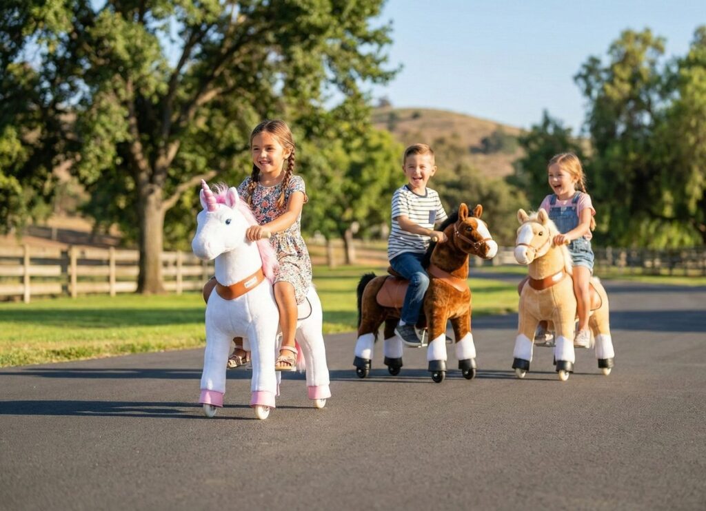 Kinder sind auf einem Feldweg und fahren auf ihren Pferden auf Rollen (hier PonyCycle)