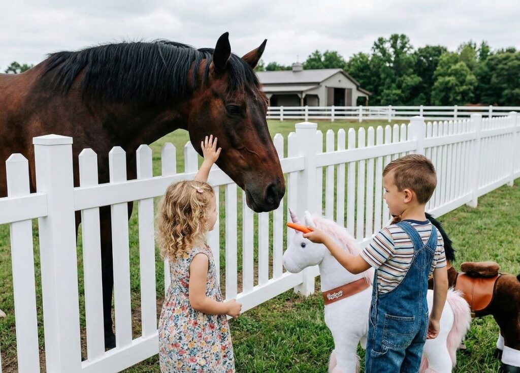 Kind mit Ponycycle Pferd füttert echtes Pferd