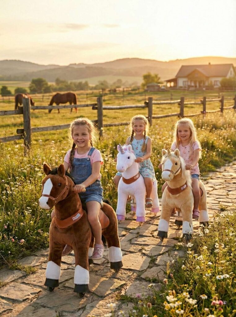 Kinder fahren mit einem Pferd auf Rollen von Ponycycle über einen Feldweg
